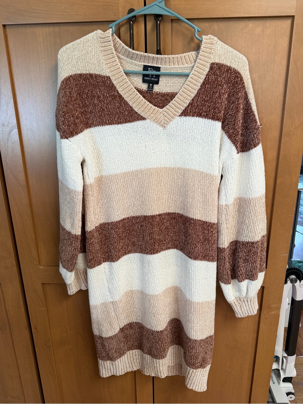 Derek Heart Striped V-Neck Sweater Dress in Cream, Tan & Brown